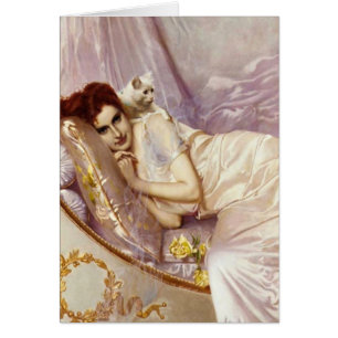 weißes lila silk Bett weißer Katzenfrauen-Dame