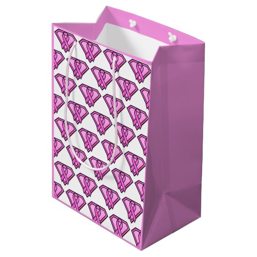 Weißes Logo "Brust Cancer Awareness Diamond" Mittlere Geschenktüte (Rückseite Schrägansicht)