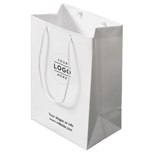 Weißes Logo-Geschenktasche mit Business-Branding Mittlere Geschenktüte (Vorderseite Schrägansicht)