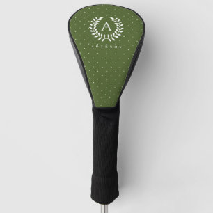 Weißes Lorbeer-Monogramm-Polka-Punkt-Muster auf Gr Golf Headcover