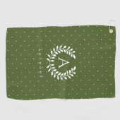 Weißes Lorbeer-Monogramm-Polka-Punkt-Muster auf Gr Golfhandtuch (Horizontal)
