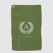 Weißes Lorbeer-Monogramm-Polka-Punkt-Muster auf Gr Golfhandtuch (Vorderseite)