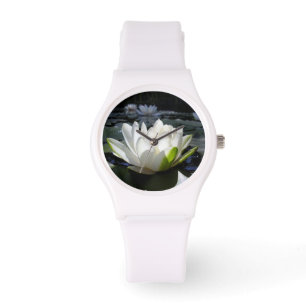 Weißes Lotus auf sportlicher Uhr, weißer Armbanduhr