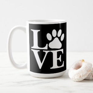 Weißes LOVE Wort Hund Pfotenabdruck auf schwarzem  Kaffeetasse