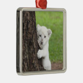 Weißes Löwejunges, das hinter einem Baum sich Ornament Aus Metall (Rechts)