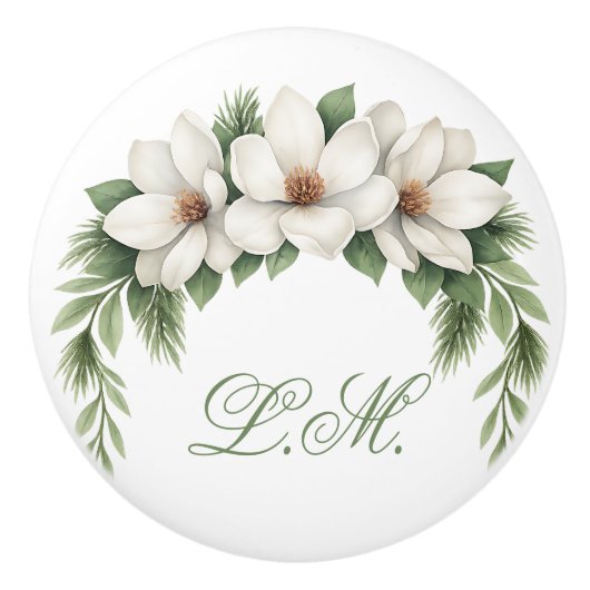 Weißes Magnolia Blossom Blumengrün Monogramm Keramikknauf (Vorderseite)