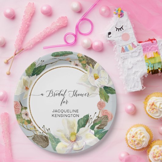 Weißes Magnolia Dusty Blauer Wasserfarben Leaf Pappteller (Party)