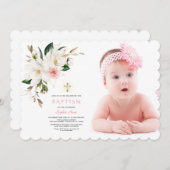 Weißes Magnolia Foto Girl Taufe Einladung (Vorne/Hinten)