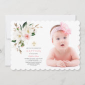 Weißes Magnolia Foto Girl Taufe Einladung (Vorderseite)