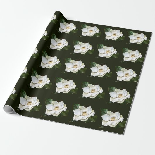 Weißes Magnolia Grüner Hintergrund Geschenkpapier (Ungerollt)