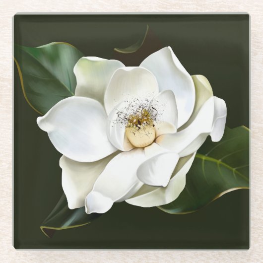 Weißes Magnolia Grüner Hintergrund Glasuntersetzer (Vorderseite)