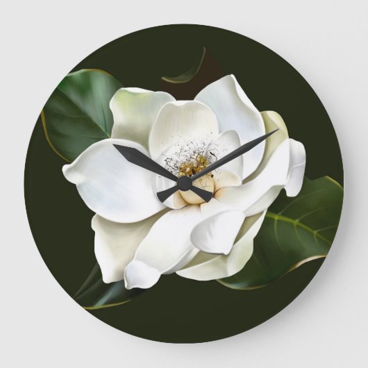 Weißes Magnolia Grüner Hintergrund Große Wanduhr (Vorderseite)