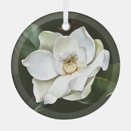 Weißes Magnolia Grüner Hintergrund Ornament Aus Glas (Vorderseite)