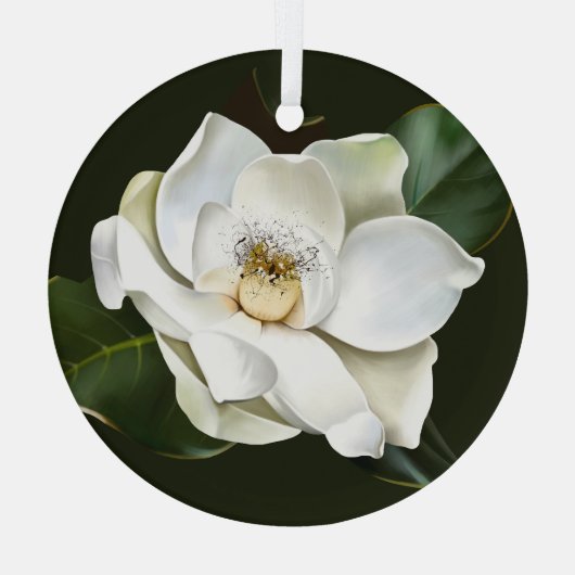 Weißes Magnolia Grüner Hintergrund Ornament Aus Glas (Rückseite)