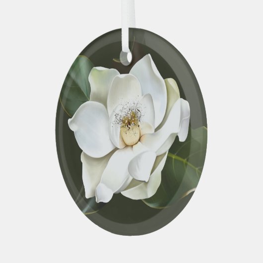 Weißes Magnolia Grüner Hintergrund Ornament Aus Glas (Vorderseite links)