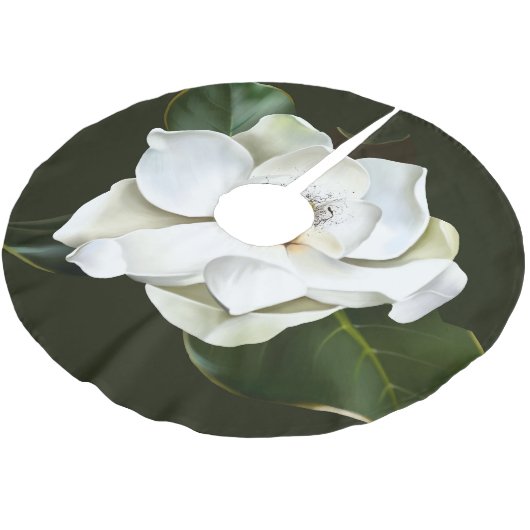Weißes Magnolia Grüner Hintergrund Polyester Weihnachtsbaumdecke (Schrägansicht)