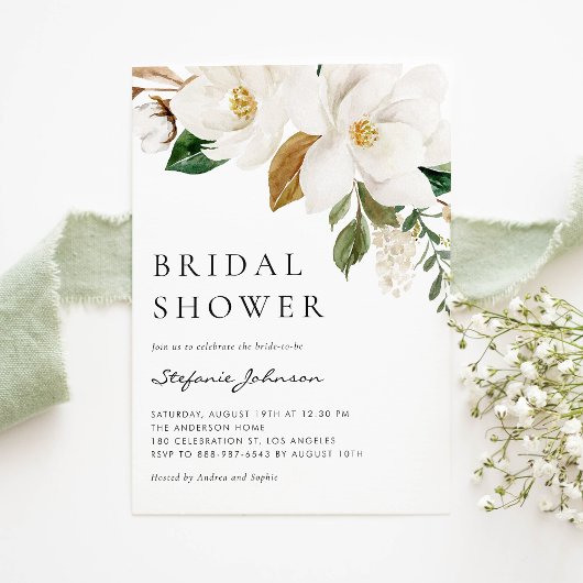 Weißes Magnolia Wasserfarbe Rustikales Brautparty Einladung