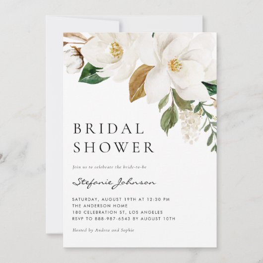 Weißes Magnolia Wasserfarbe Rustikales Brautparty Einladung (Vorderseite)