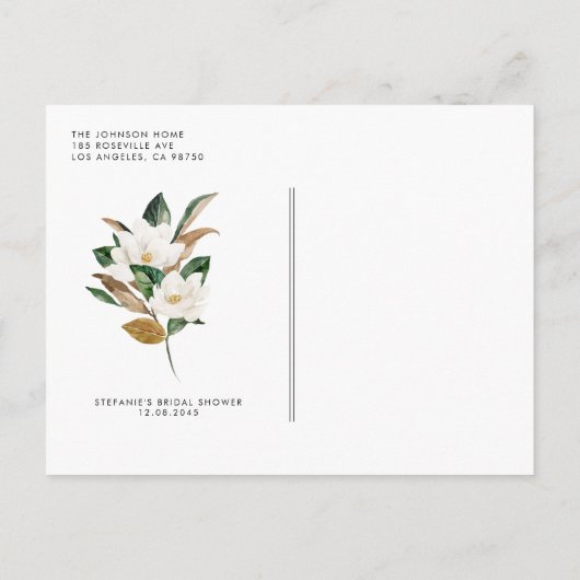 Weißes Magnolia Wasserfarbe Rustikales Brautparty Einladungspostkarte (Rückseite)