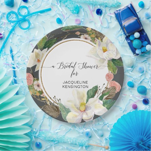 Weißes Magnolia Wasserfarben Goldene Blüten Blätte Pappteller (Party)