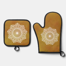 Weisses Mandala auf goldenem Hintergrund Ofenhandschuh & Topflappen-Set
