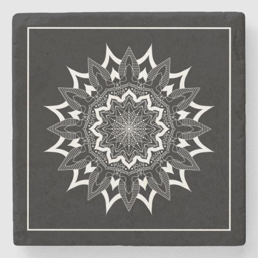 Weißes Mandala auf schwarz Steinuntersetzer (Vorderseite)