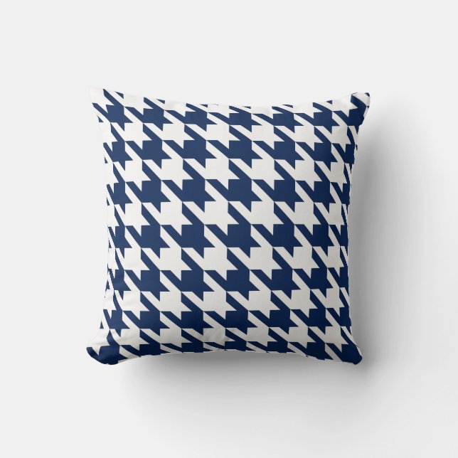 Weißes Marine-Blau Pied De Poule Houndstooth Kissen (Vorderseite)