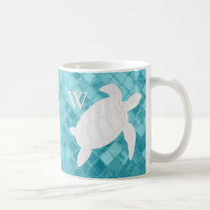 Weißes Meeresschildkröte-Aqua-Seeglas-Monogramm Kaffeetasse