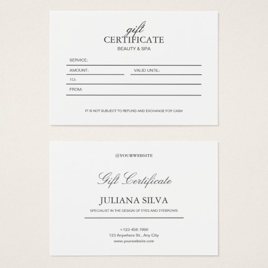 Weißes Minimalistisches Geschenkgutschein (Vorne & Hinten)