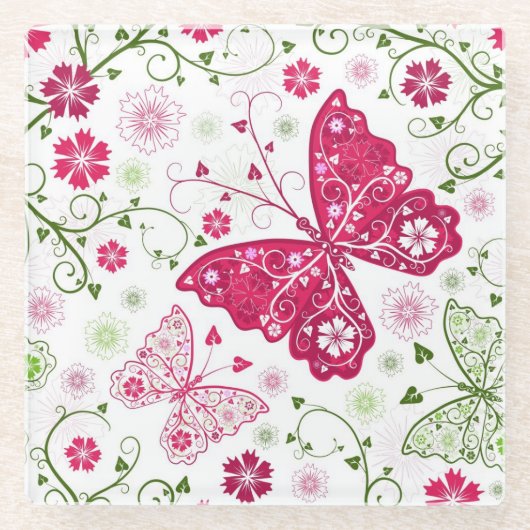 Weißes mit Blumenmuster Glasuntersetzer (Vorderseite)