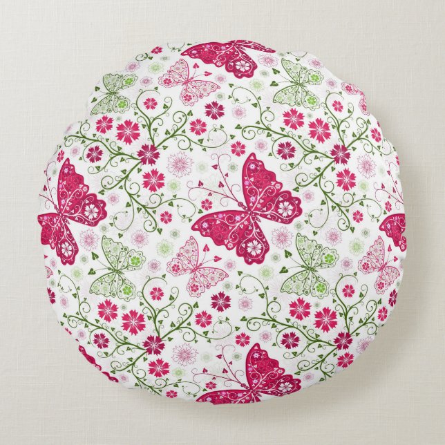 Weißes mit Blumenmuster Rundes Kissen (Vorderseite)