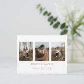 Weißes, modernes FotoCollage Save the Date Postkarte (Stehend Vorderseite)