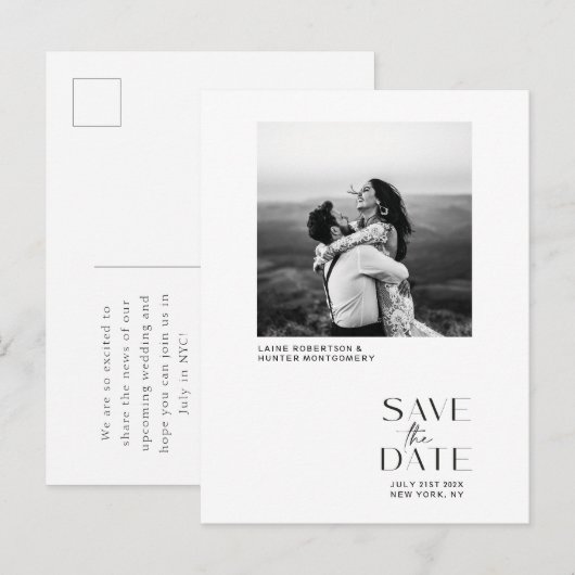 Weißes modernes Minimalistisches Foto Save the Dat Ankündigungspostkarte (Vorne/Hinten)