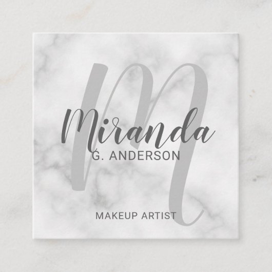 Weißes modernes Skript-Marmorierungmonogramm und Quadratische Visitenkarte (Vorderseite)
