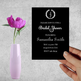 Weißes Monogramm Kraut auf schwarzem Brautparty Einladung