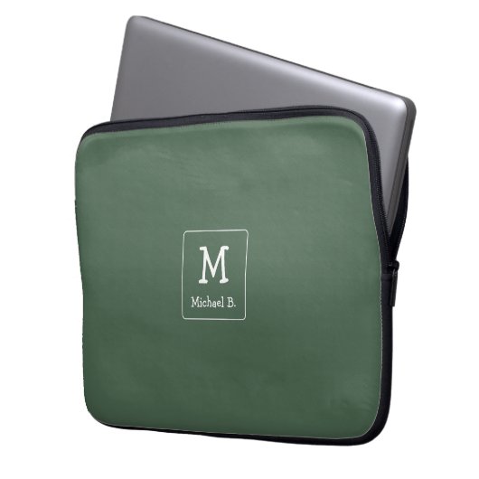 Weißes Monogramm und Name auf Grün Laptopschutzhülle (Vorderseite Links)