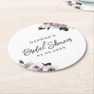 Weißes Moody-Anemone und Lila Brautparty Runder Pappuntersetzer
