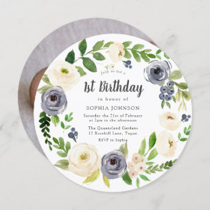 Weißes Navy Blumenkraut Foto 1. Geburtstag Party Einladung