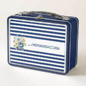 Weißes Oberteil mit blauen Streifen Metall Brotdose (Vorderseite)