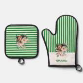 Weißes Oberteil mit grünen Streifen Ofenhandschuh & Topflappen-Set (Vorderseite)