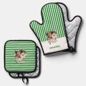 Weißes Oberteil mit grünen Streifen Ofenhandschuh & Topflappen-Set (Vorderseite/Rückseite)