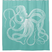Weißes Oktopus nautische Abbildung auf blau-grün Duschvorhang (Vorderseite)