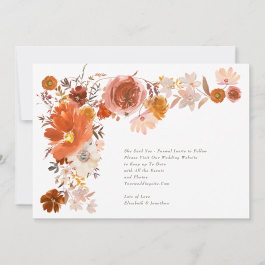 Weißes Orange Blumenrahmen Bouquet Wedding Foto Save The Date (Rückseite)