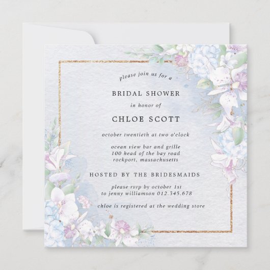 Weißes Orchideenblau Brautparty Einladung (Vorderseite)