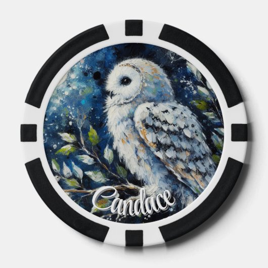 Weißes Owl am Zweig im Mondlicht Personalisiert Pokerchips (Vorderseite)