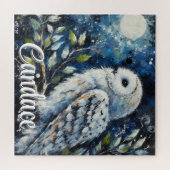Weißes Owl am Zweig im Mondlicht Personalisiert Puzzle (Horizontal)