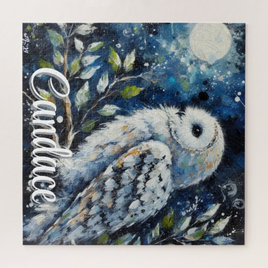 Weißes Owl am Zweig im Mondlicht Personalisiert Puzzle (Horizontal)