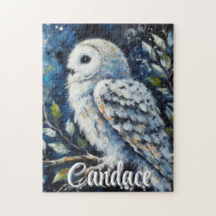 Weißes Owl am Zweig im Mondlicht Personalisiert Puzzle