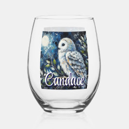 Weißes Owl am Zweig im Mondlicht Personalisiert Weinglas Ohne Stiel