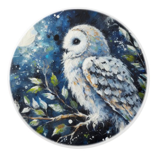 Weißes Owl am Zweig in der Mondlichtmalerei Keramikknauf (Vorderseite)